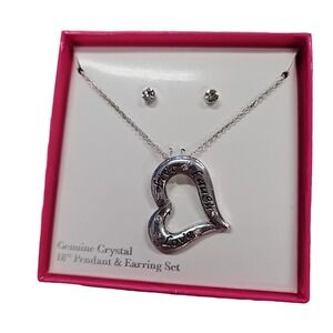 VINTAGE GENUINE CRYSTAL HEART POST NECKLACE EARRINGS JEWELRY SET CARDBACK 18"